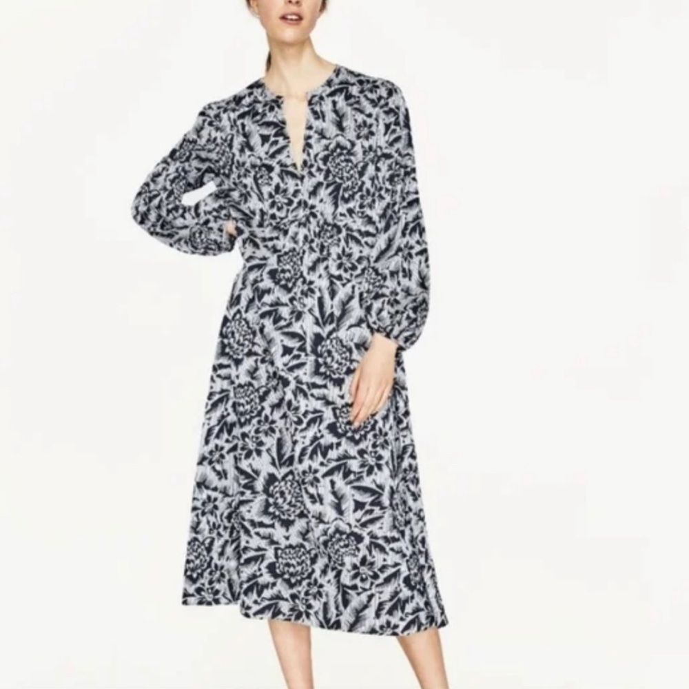 Zara Black and White Floral Midi Dress